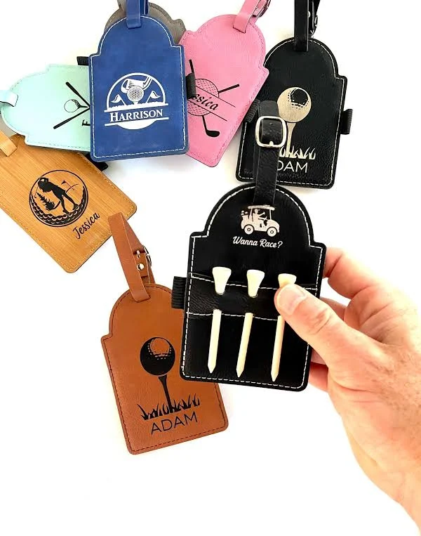 Personalized Golf Tee Gift Set: Vegan Leatherette Tag & Tees